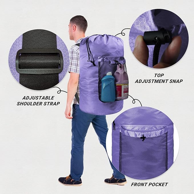 Laundry Bag with Shoulder Straps and Mesh Pocket Laundry Backpack Large Portable Laundry Hamper for College Laundromat Apartment