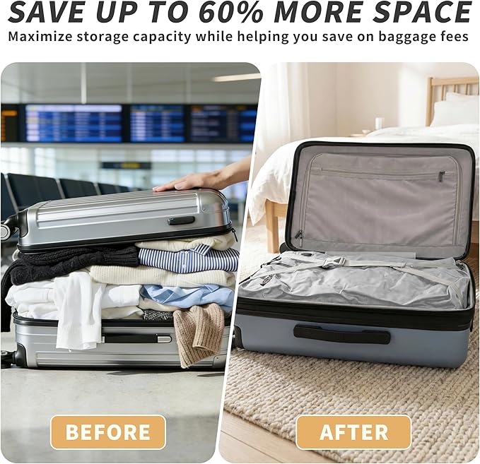 Vacuum Bag for Travel, Professional IPX8 Waterproof Reusable Vacuum Compression Bags for Travel Suitcases, Durable Space Saver Bag(2 PACK,With Pump)