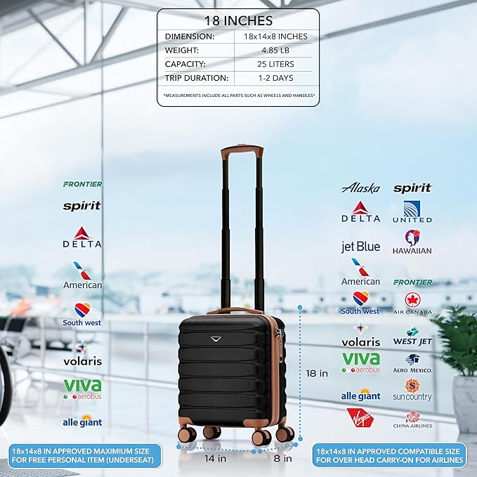 Flight Knight Carry On Suitcase 18x14x8 Hardside Built In TSA Lock USB Port Lightweight Luggage Silent Double Spinner Wheels Maximum Underseat Carry-On Bag For American United Approved Black/Tan