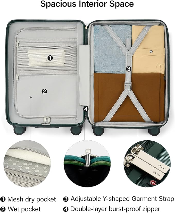 MILADA Expandable Carry On Luggage 20 Inch - Airline Approved Hardshell Suitcase with 8 Spinner Wheels, TSA Lock, Water-Resistant PC Shell, Lightweight & Durable for Travel, Blackish Green