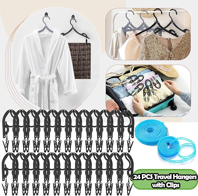 24 PCS Travel Hangers,Portable Folding Clothes Hanger,Travel Accessories Foldable Travel Hangers with Clips,Foldable Clothes Drying Rack for Travel,Black Plastic Non Slip Clothing Hangers