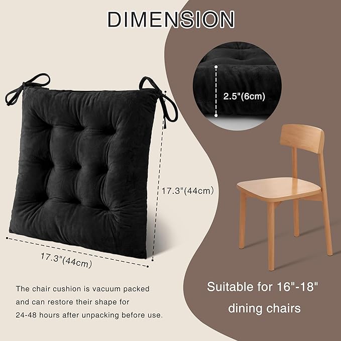 OVOV 6 Pack Chair Cushions for Dining Chairs Soft Seat Cushions for Kitchen Desk Chairs Square Chair Pads with Ties (15.5"x15.5" Black)
