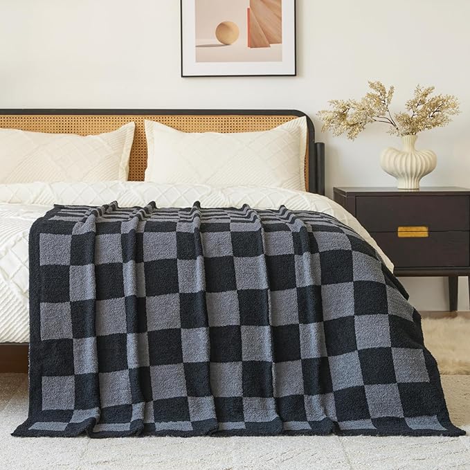 Checkered Blanket, Cozy Soft Throw Blankets for Couch Bed, Fluffy Plaid Lightweight Comfy Travel Picnic Blanket Gifts for Sofa Chair Living Room Camping (Black&Grey, Throw 50"x60")