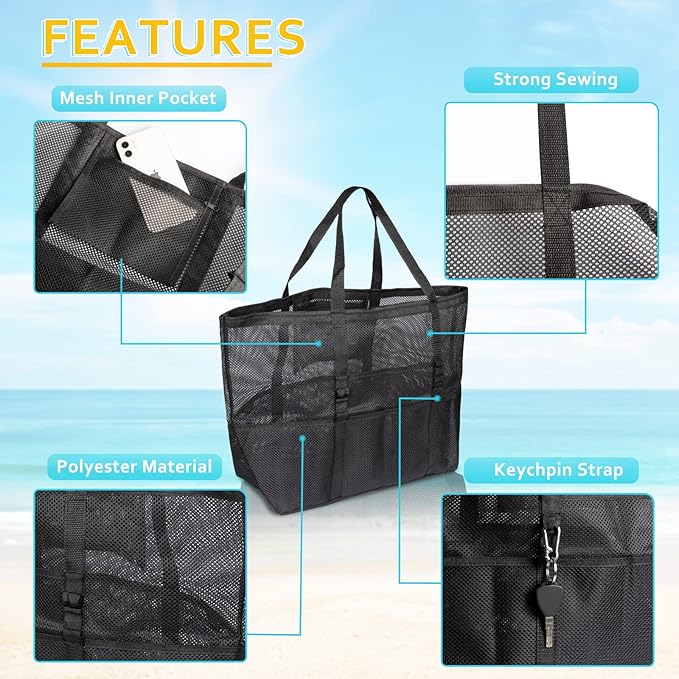 SRISE Mesh Beach Bag - Large Beach Tote Bag for Family Beach Bag for Toys & Vacation Essentials