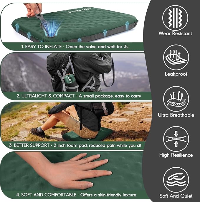 Inflatable Seat Cushion, Self-Inflating Memory Foam Stadium Seats Cushion Lightweight & Compact Chair Sitting Pad Airplane Cushion for Long Flight Travel Outdoor Camping Car Bleachers Office