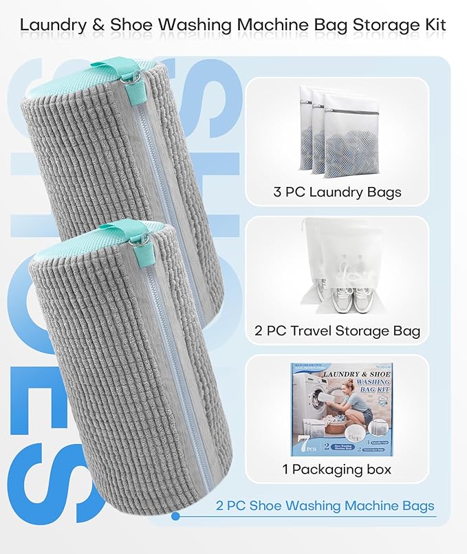 3-IN-1 Laundry & Shoe Washing Machine Bag Kit : Laundry Shoe Bag for Washer and Dryer,Reusable Shoe Cleaning Bag for Sneakers,Tennis,Self-locking Zipper & Microfiber,Include 3 Laundry Bag & 2 Shoe Bag