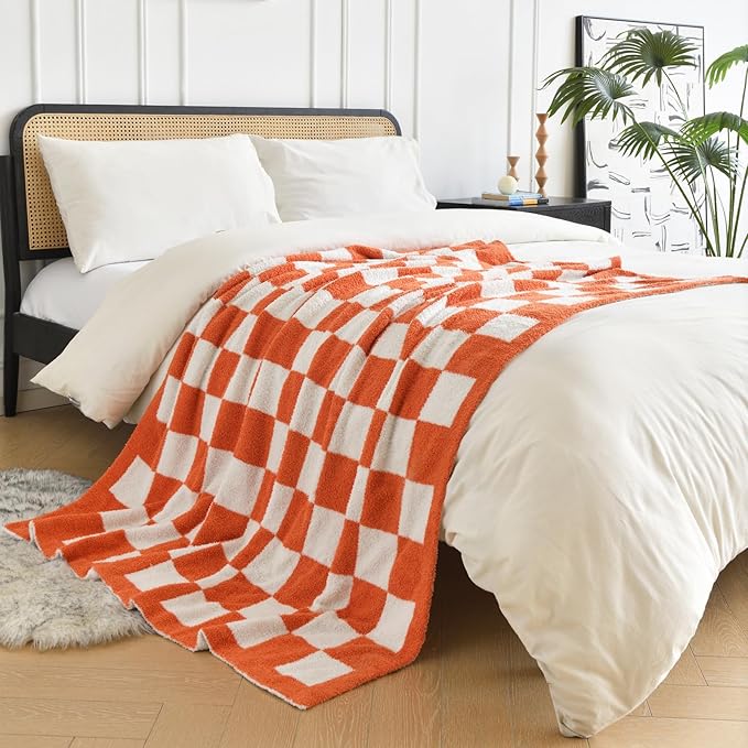 Checkered Blanket, Cozy Soft Throw Blankets for Couch Bed, Fluffy Plaid Lightweight Comfy Travel Picnic Blanket Gifts for Sofa Chair Living Room Camping (Orange, Throw 50"x60")