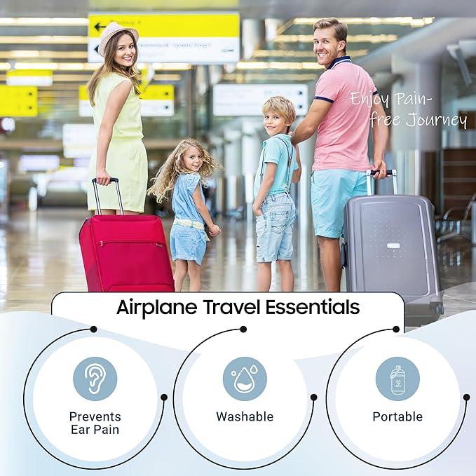 Airplane Ear Plugs 2 Pairs, Prevent Discomfort Pressure Equalizing Earplugs, Flying Travel Essentials, 100x Reusable Flight Plane Earbuds for Adults Kids 12+, 2 Sizes, 25 dB Noise Reduction
