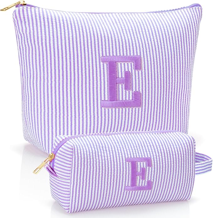 Personalized Initial Makeup Bag,Toiletry Travel Cosmetic Bag,Trendy Stuff for Teen Girls and Women,Holiday & Birthday Gift,2 Pack (E, Purple)
