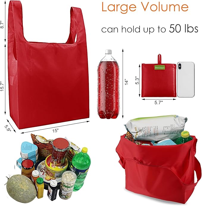 BeeGreen Christmas Red Reusable Grocery Bags with Zipper Storage Pouch 10 Packs Red Reusable Shopping Bags Bulk Foldable-Machine Washable
