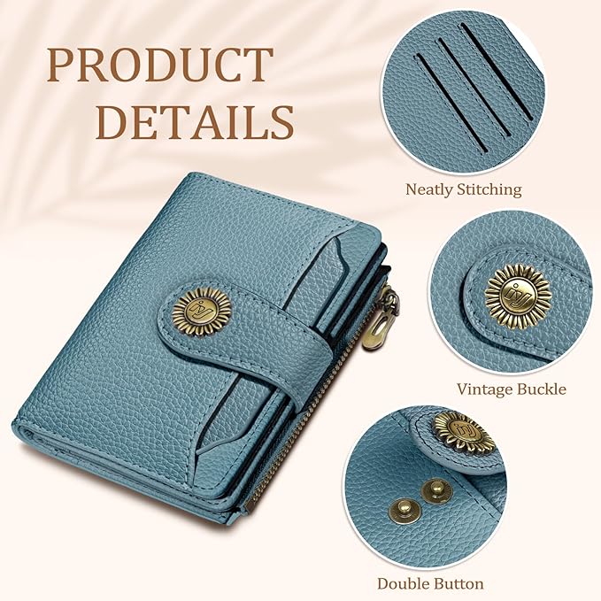 Icycay Blue Small Wallet Women RFID Blocking Bifold, Credit Card Holder, Zipper Coin Pocket, PU Leather, Compact, Travel, 4 ID Window, 14 Card Slots, Cash Purse, Ladies Woman Female Girls