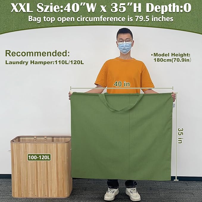 Canvas Laundry Bag 40"W x 35"H, Thick Canvas Laundry Bag with Handles & Drawstring, Extra Large Heavy Duty Washable Storage Sack (XXL,ArmyGreen)