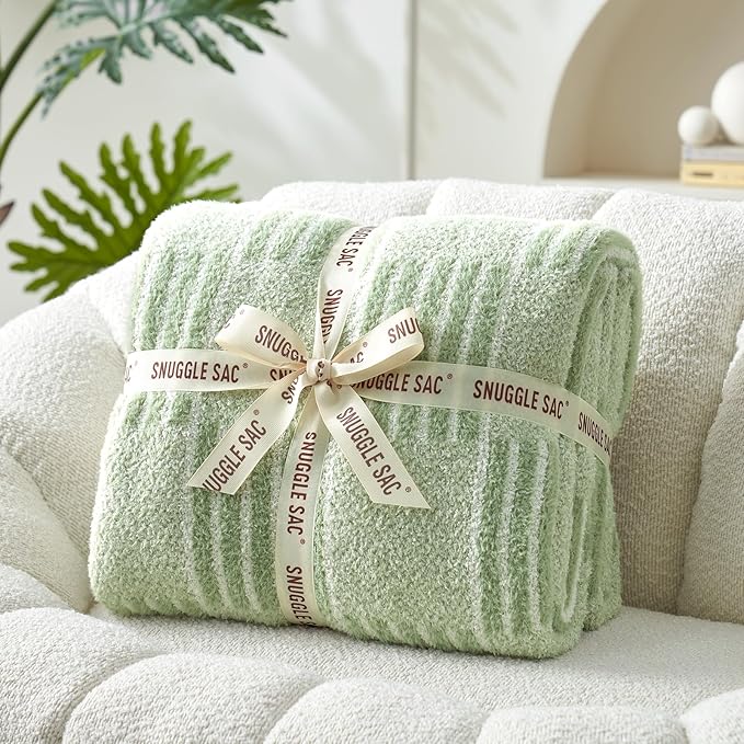 Snuggle Sac Sage Green Checkered Throw Blanket, Super Soft Reversible Cozy Warm Faux Fur Blankets for Couch Bedroom,Cute Lightweight Striped Throws for Women,Heather Sage Green,50x60 inches