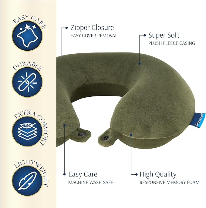 Brookstone Travel Neck Pillow - Lightweight Fleece Casing U-Shaped Stuffable Memory Foam Travel Pillow for Sleeping and Neck Support, Olive