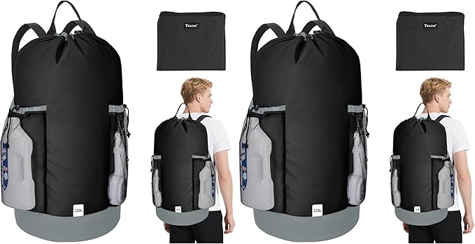BALEINE 120L Laundry Bag Backpack, 900D Oxford Fabric Large Travel Laundry Bags with Shoulder Straps and 2 Mesh Pockets for College Dorm, Apartment, Laundromat (Black, 120L) (Pack of 2)