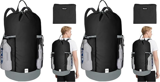 BALEINE 120L Laundry Bag Backpack, 900D Oxford Fabric Large Travel Laundry Bags with Shoulder Straps and 2 Mesh Pockets for College Dorm, Apartment, Laundromat (Black, 120L) (Pack of 2)