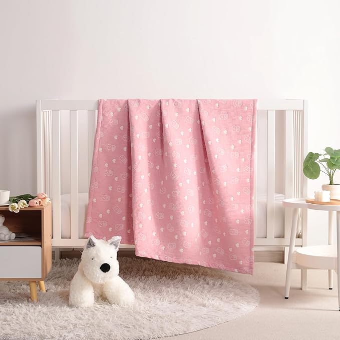 NTBAY 3 Layer Muslin Cotton Toddler Blanket, Jacquard Reversible Nursery Bed Blanket, Super Soft and Thermal for All Seasons, Decoration Gift, 30"x40", Pink Rabbit