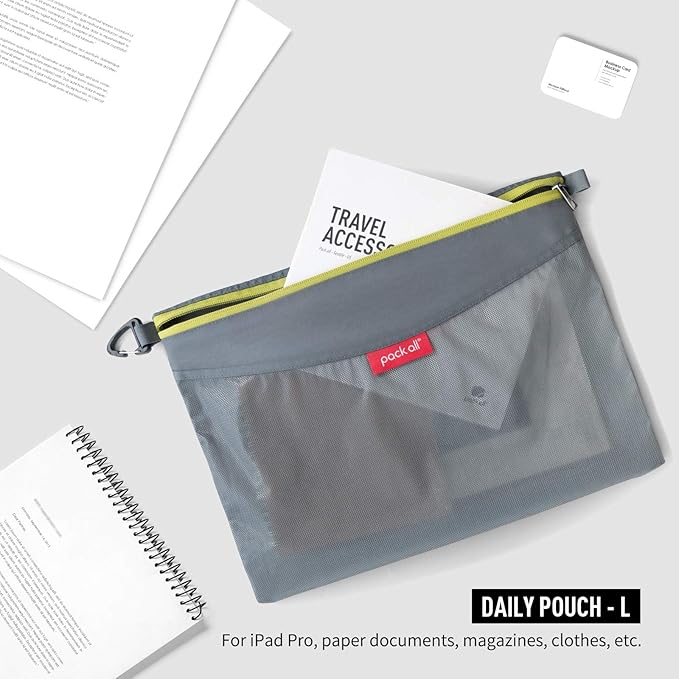pack all Water-resistant Material Zipper Pouch, Mesh Zipper Bags for Storage, Travel, Office (Gray, Large)