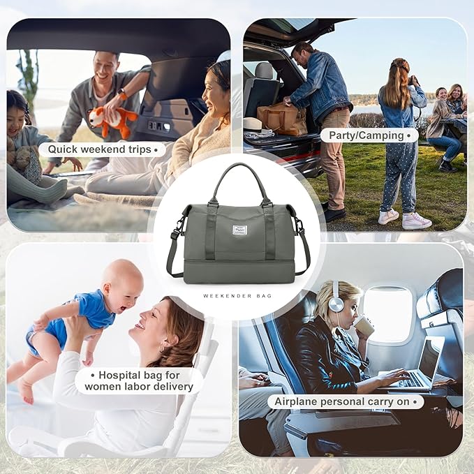Weekender Bags for Women, Travel Duffel Bags with Shoe Compartment & Wet Pocket,Personal Item Travel Bag for Airlines,Carry on Overnight Tote Bag for women,3Pcs Set，Olive Green
