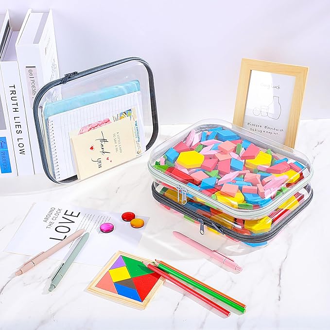 Sanwuta 6 Pcs Clear Hard Zipper Case Plastic Zipper Pouches Transparent Makeup Bag Pencil Case Pouches Toiletry Diaper Bag for Travel Toy Storage Organizer Bins(Blue-green,9.84 x 7.87 x 2 Inch)