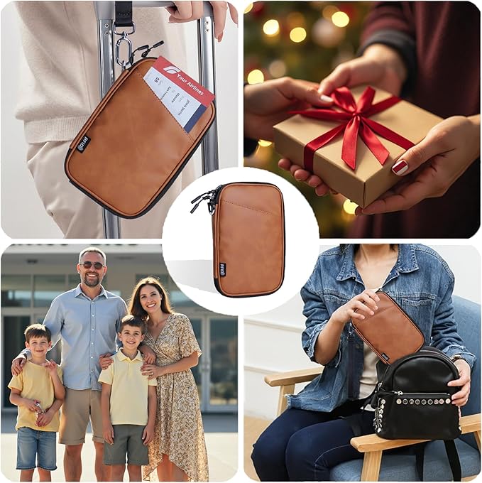 family passport holder for 4 passport wallet for travel passport cover rfid blocking for women waterproof wallet with zipper airtag passport case for men multiple passport bag (BROWN)