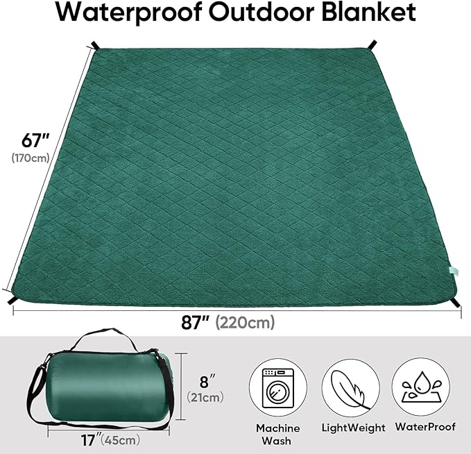 Northroad Waterproof Outdoor Blanket w/Sherpa Lining, Large Windproof Camping Blankets for Cold Weather, Light Weight and Warm for Stadium, Hiking, Dog, Picnic, Washable, 67”X 87” (Green, 1PCS)
