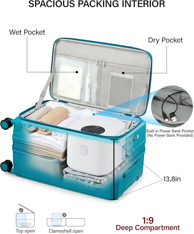 Hanke 24 Inch Expandable Checked Luggage with Cup Holder and Charger Port,Top Opening Hard Shell Suitcases with Wheels, Medium Travel Rolling Suitcase Trunk Luggage with Lock, Caribbean Blue