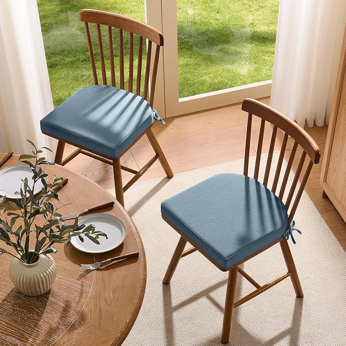 downluxe Chair Cushions for Dining Chairs, Memory Foam Linen Kitchen Chair Pads with Ties, Waterproof, Stain-Resistant and Washable Cover, 17" x 16" x 2.5", Light Blue, 4 Pack