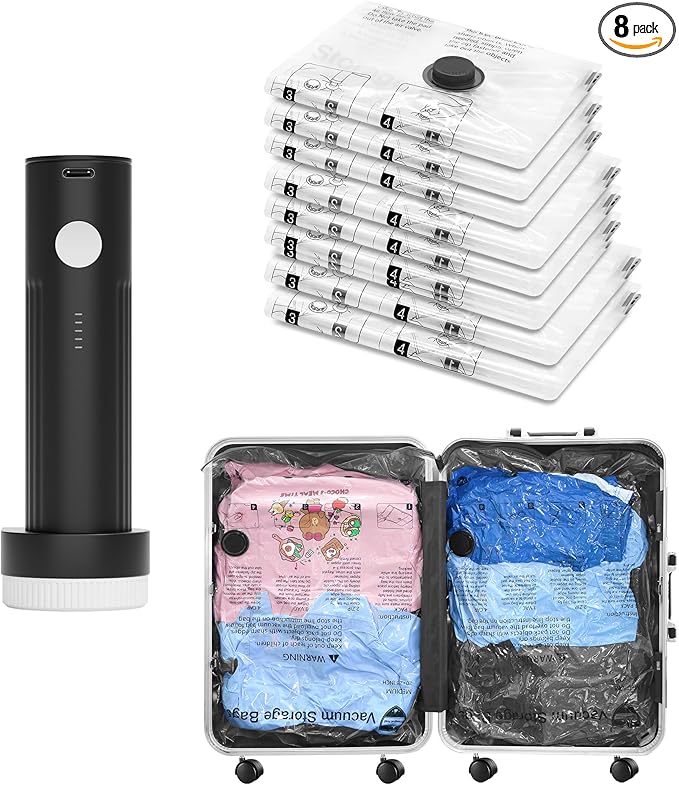 Vacuum Bags for Travel with Rechargeable Pump, 8 Combo (2L/3M/3S) Compression Packing Seal Bags for Luggage Suitcase, Space Saver for Clothing and Clothes Storage Travel