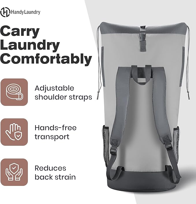 Laundry Backpack - XL Heavy Duty Laundry Bag Holds 3-4 Loads - Adjustable Straps, Drawstring Closure, Pockets & Handles - Durable Hamper for College, Travel & Laundromat - Grey
