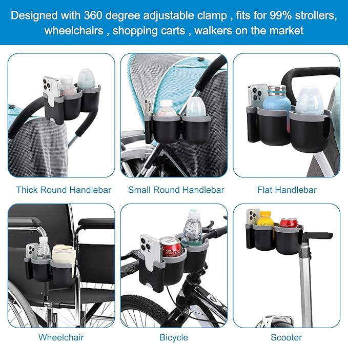 Accmor Stroller Cup Holder with Phone Holder, Bike Cup Holder, Universal Cup Holder for Uppababy Nuna Doona Strollers, 2-in-1 Cup Phone Holder for Stroller Bike Wheelchair Walker Accessory