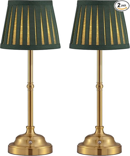KDG Gold Cordless LED Table Lamps Set of 2, Green Fabric Shade Desk Lamps | Portable 4000mAh Rechargeable Battery Powered, Dimmable Lighting for Dining Room, Bedroom, Bedside, Night Light, Balcony