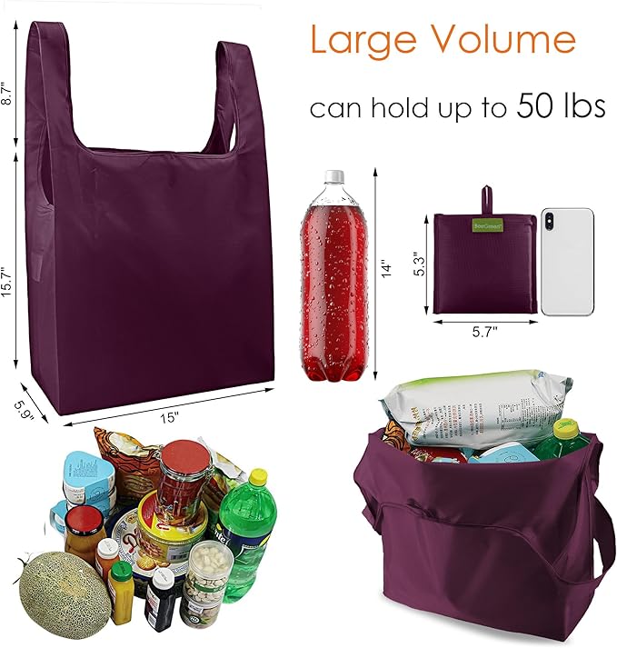 BeeGreen Burgundy Reusable Grocery Bags Wine Red Reusable Kitchen Bags Bulk Foldable-Machine Washable with Zipper Storage Pouch 50 Packs