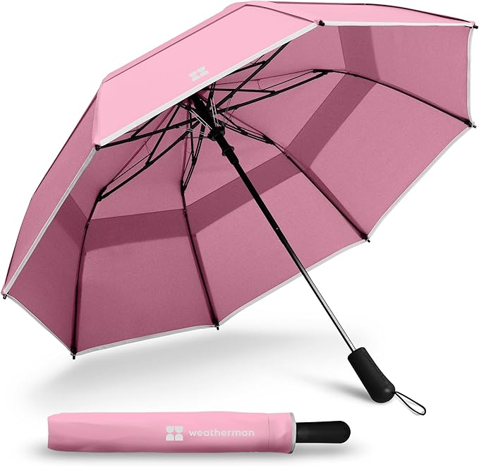 Weatherman Premium Collapsible Travel Umbrella - Windproof, Compact, Easy Auto Open - Resists Up to 55 MPH Winds - Perfect for Rain, Wind, Backpack, Car - Folding Umbrella (Blush)