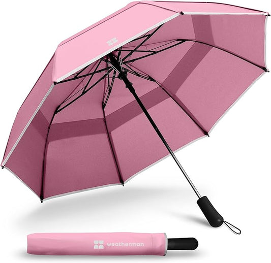 Weatherman Premium Collapsible Travel Umbrella - Windproof, Compact, Easy Auto Open - Resists Up to 55 MPH Winds - Perfect for Rain, Wind, Backpack, Car - Folding Umbrella (Blush)