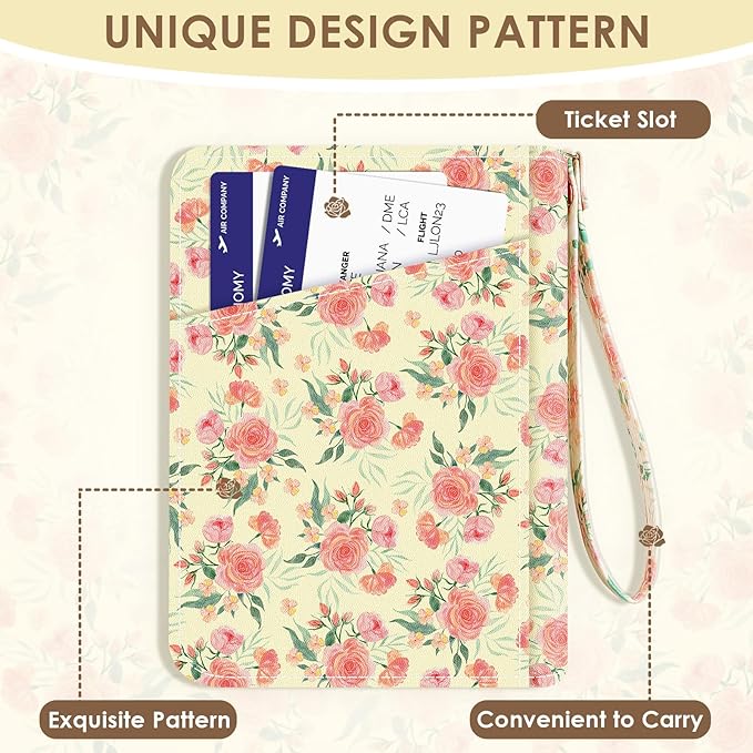 KONVINIT Passport Holder For Travel, RFID Blocking Leather Passport Cover For Travel Accessories, Passport Wallet with Zipper Closure, Cute Passport Book for Women and Men, Pink Flowers
