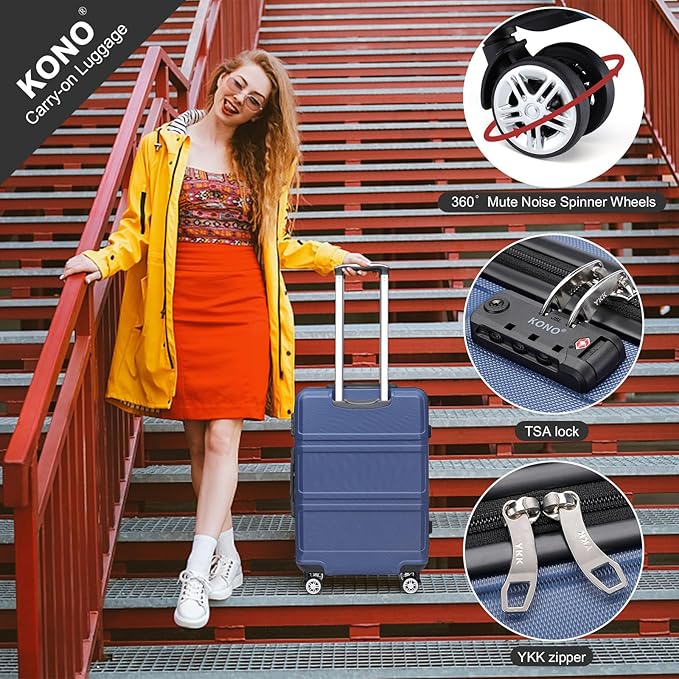 Kono Luggage Set 4 Piece Carry On Lightweight PC+ABS Hardside Luggage with TSA Lock Spinner Wheels Carry On Suitcase Navy