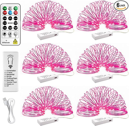 HXWEIYE 6 Pack Rechargeable Fairy Lights with Remote, 7ft 20LED | Battery Operated, 8 Modes & DIY Timer, Mini Twinkle String Light for Mason Jar Wedding Table Wreath Christmas,Pink