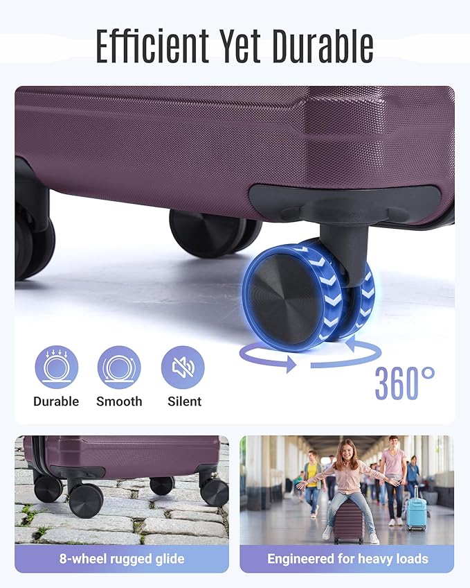 LIGHT FLIGHT Luggage Sets, 3 Piece Durable Suitcase Set with Spinner Wheels, 3 Pcs Hard Shell Lightweight Luggage with TSA Lock, Large Checked Travel Suitcases, 20/24/28 Inch,Purple
