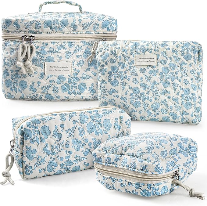 Cute Makeup Bag for Women(2 Pcs), Travel Cosmetic Bags, Quilted Coquette Aesthetic Floral Toiletry Organizer Bag (46 - Sky Blue/4Pcs)