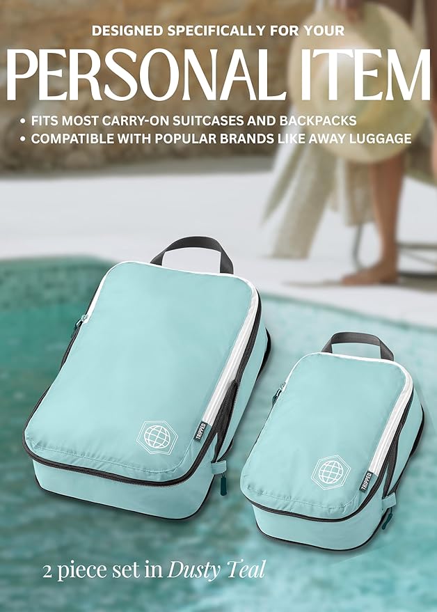 Compression Packing Cubes 2 Piece Set for Carryon Suitcases- Lightweight, Durable Clothes Organizer (Dusty Teal and White)