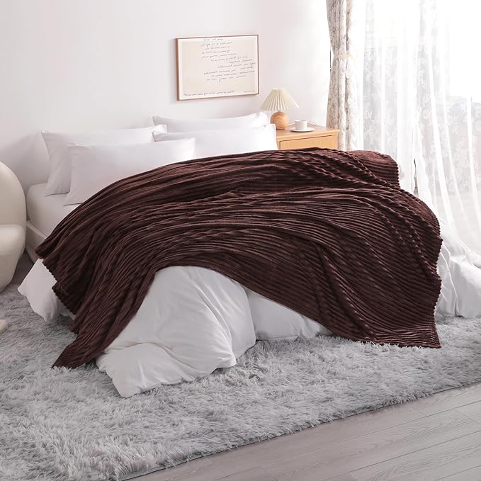 NTBAY Plush Flannel Twin Bed Blanket, 60X80 Inches Soft and Warm Lightweight Blanket with Striped Texture Bed Blanket for Couch Sofa Bed All Seasons, 60"x80", Brown