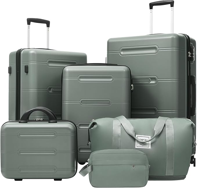 Merax Luggage Set 6 Piece,Lightweight Hardshell Suitcase with Double Spinner Wheels Handle Password Lock,14 IN Cosmetic Case 20/24/28 IN Luggages with Duffel Bag and Toiletry Bag,Army Green