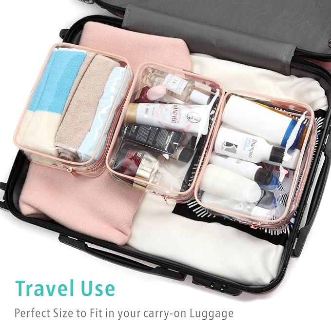 F-color TSA Approved Toiletry Bag 3 Pack Medium - Clear Makeup Bag Travel Quart Size for Women Men, Clear Cosmetic Bag Airport Airline Compliant Carry on Bag, Active Rose Pink