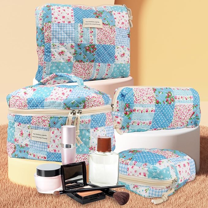 Cute Makeup Bag for Women(2 Pcs), Travel Cosmetic Bags, Quilted Coquette Aesthetic Floral Toiletry Organizer Bag (43 - Grid Rose/4PCS)