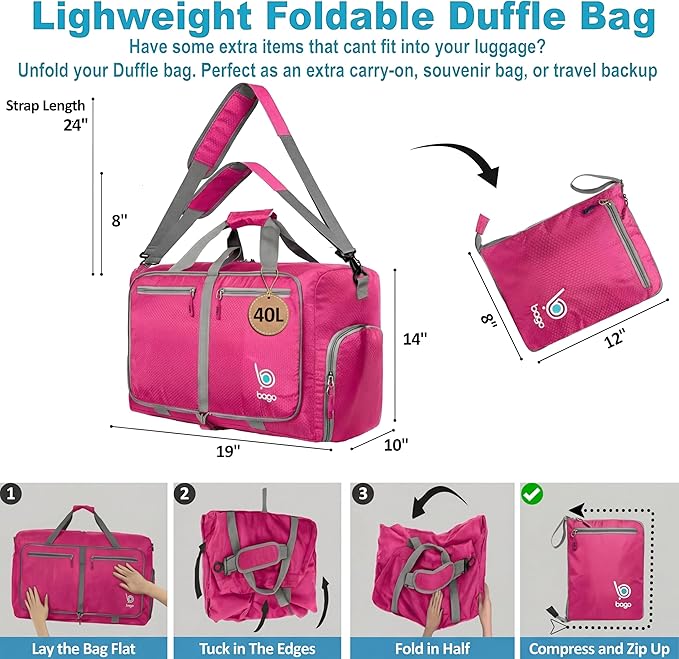 Bago Compact Duffle Bag for Travel Women & Men. Durable Lightweight Foldable Travel Duffel Bags For Traveling Women. 40L Duffle Bags a Reliable Weekender duffel or Overnight Bag With Shoe Compartment