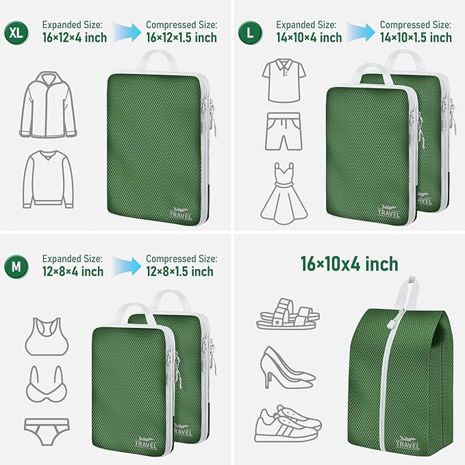 6 Set Compression Packing Cubes, Suitcase Organizer, Lightweight Travel Essentials, Compression Bags For Travel Accessories Luggage Storage Set (6Pcs, Green)