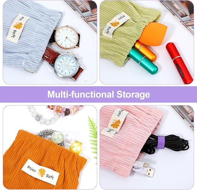 JIEYAO 6Pcs Corduroy Makeup Bags, Elastic Hair Tie Organizer Multicolor Storage Bag Daily Travel Organizer Bag Travel Makeup Pouch Portable Cosmetic Accessories Storage Multipurpose Pouches for Women
