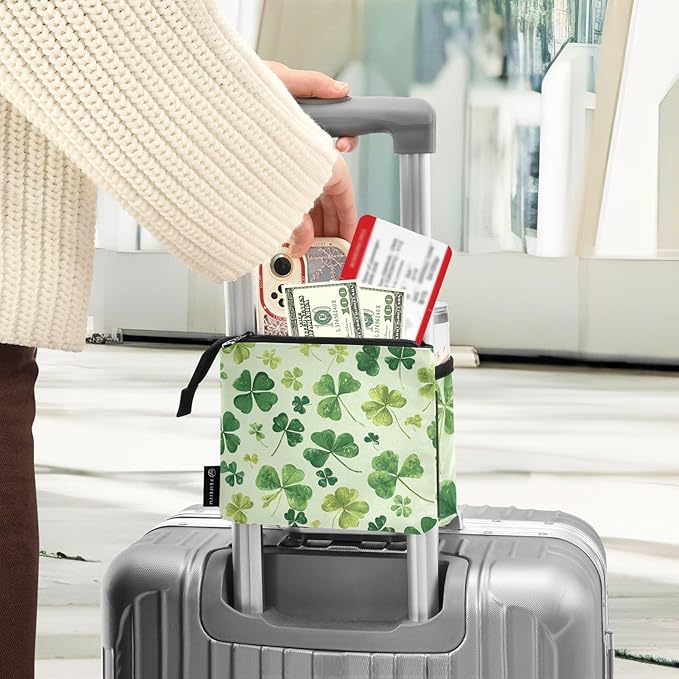 Green Natural St Patrick Clovers Luggage Cup Holder Travel Portable Free Hand Drink Carrier Suitcase Drinks Beverage Holder Carry-On Bottle Mug Holder Organizer Bag Travelers Accessories