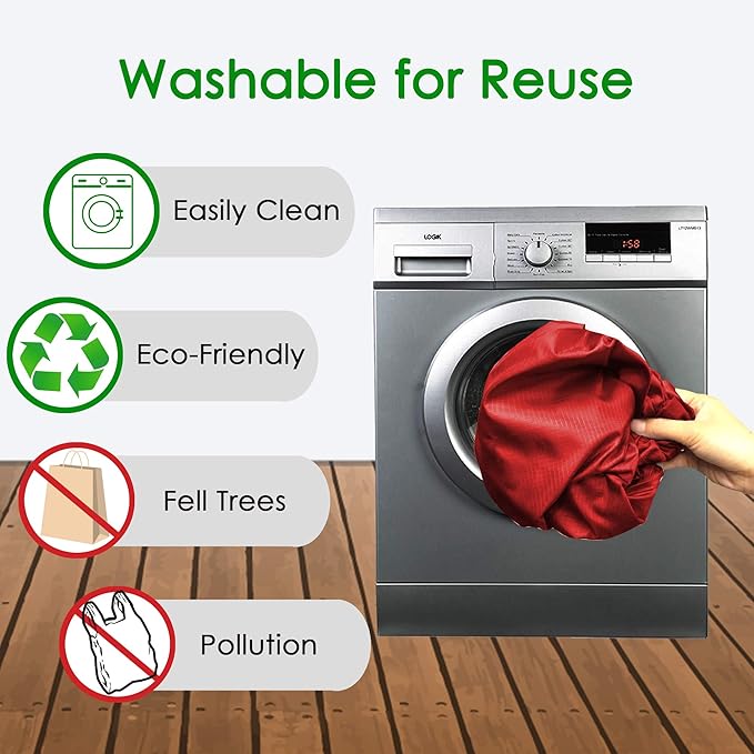 BeeGreen Christmas Red Reusable Grocery Bags with Zipper Storage Pouch 10 Packs Red Reusable Shopping Bags Bulk Foldable-Machine Washable